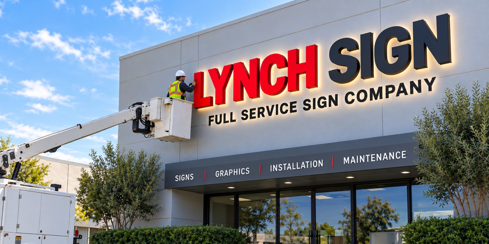 Illuminated LYNCH SIGN and Full Service Sign Company lettering on the Lynch Sign building